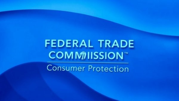 Federal Trade Commission logo on blue background highlighting deceptive AI marketing practices.