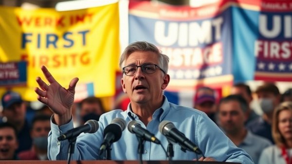 Charismatic political speaker addressing crowd with campaign posters.