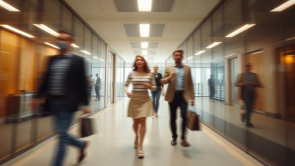 People moving quickly through a modern office hallway, homeowner insurance concept.