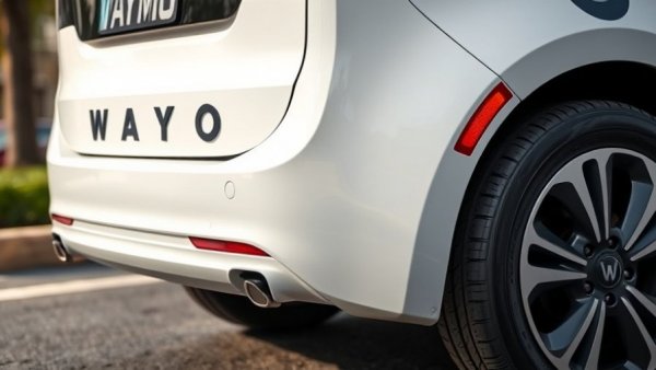 Close-up of Waymo car's rear side with branding and tire detail.
