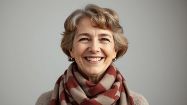 Middle-aged woman with scarf smiling in a studio setting.