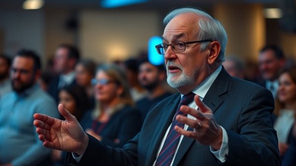 Elderly man engaging with a crowd, buy sell business theme.
