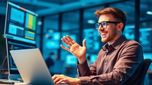 Enthusiastic professional discussing AI leadership challenges in a tech setting.