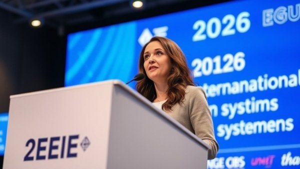 Professional woman delivering a speech at IEEE conference podium.