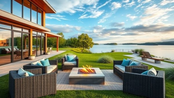 Modern Lakeside Outdoor Living Space Design with seating and scenic view