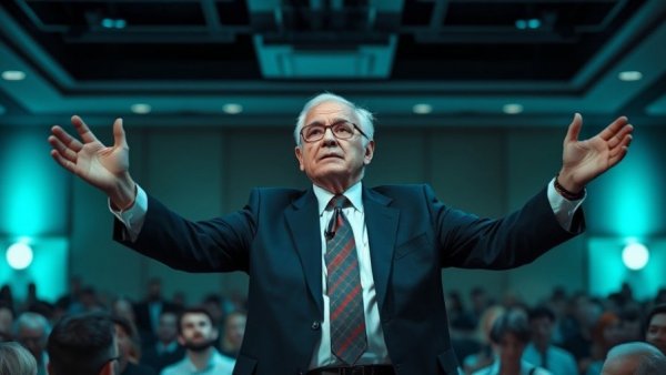 Elderly man in suit addressing audience about investing.