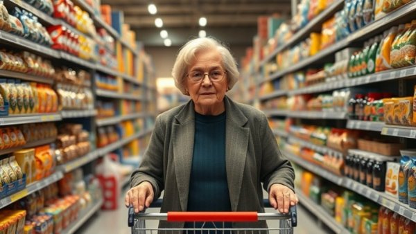 Woman shopping in a bulk retail store aisle, buy sell business theme.
