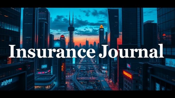 Futuristic cityscape with 'Insurance Journal' overlay, neon lights.