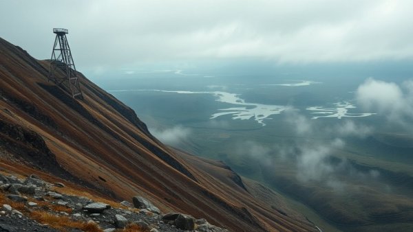 Steep hillside with mining structures in DRC, misty landscape in background.