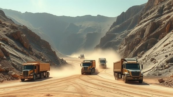 Industrial quarry scene with large transport trucks and rocky landscape.