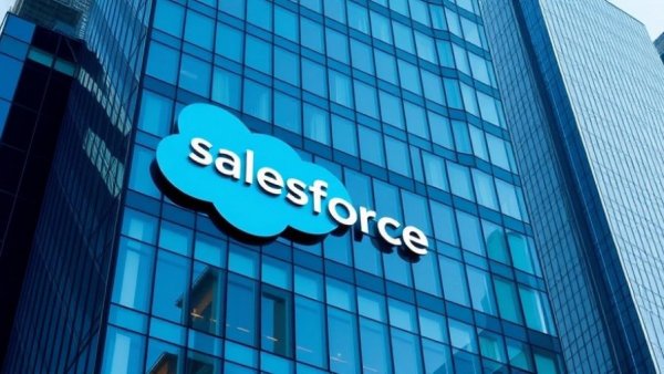 Salesforce logo on skyscraper reflecting urban environment, revenue outlook.