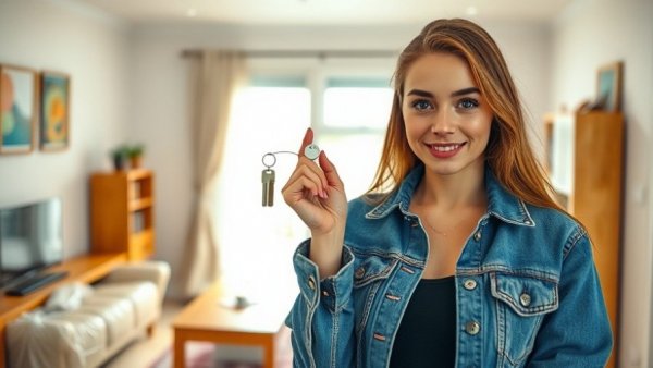 Young Gen-Z woman celebrating home purchase with keys.