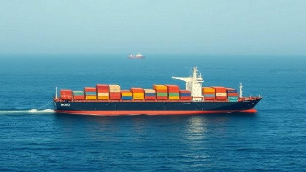 Cargo ship in Strait of Hormuz reopening, calm sea, clear day.