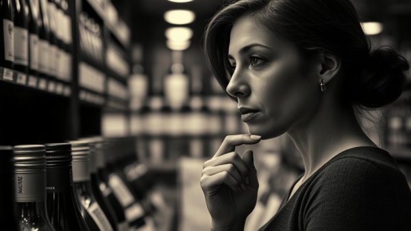 Contemplative woman studying wine bottles, highlighting fine wine investment stability.