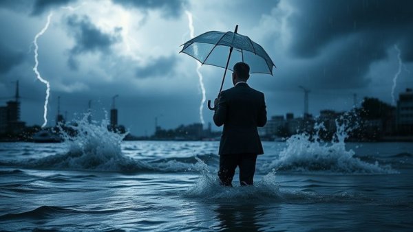 Man in suit with umbrella in stormy flood, representing homeowner insurance.