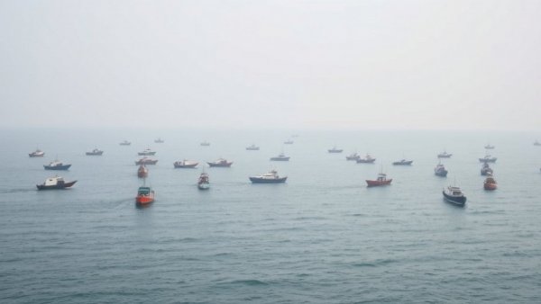 Seafarers stranded Hormuz and boats at sea during a misty morning