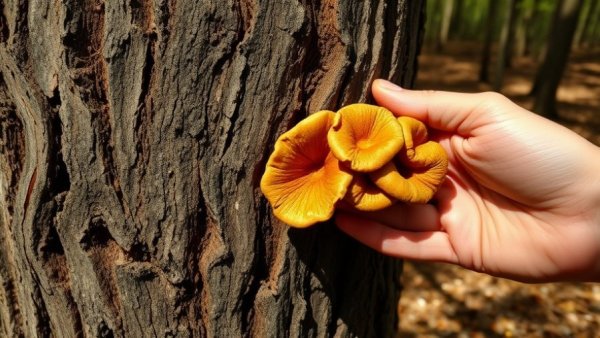 Close-up of Hypoxylon canker on oak tree, fungus in hand.