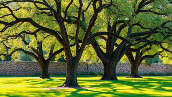 Oak trees with injection system for oak wilt prevention in a park.