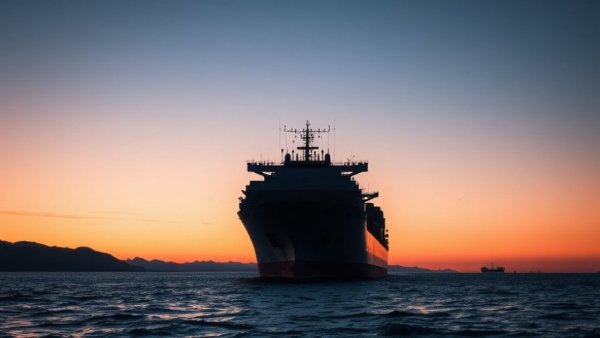 Cargo ship at sunset in calm sea near distant coast, Hormuz ship insurance demand.