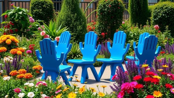 Colorful school garden with blue chairs, showcasing benefits of school gardens.