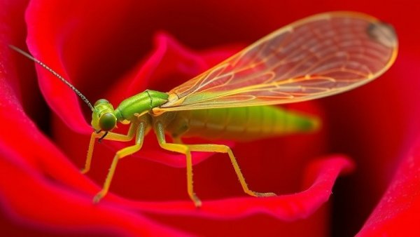 Green lacewing on red rose petal for natural garden pest control