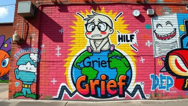 Street art of cartoon character on Earth showing grief, climate change theme.