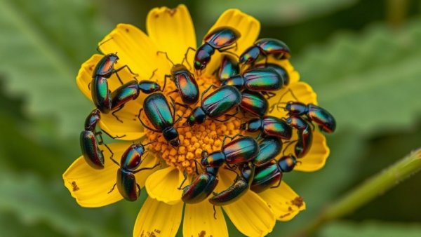 Vibrant beetles on decaying flower in Northern Virginia garden.