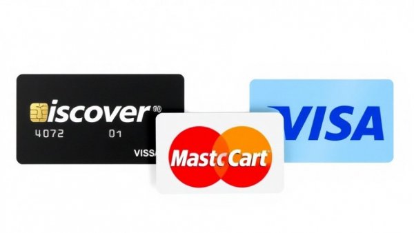 Logos of Discover, MasterCard, and Visa credit cards.