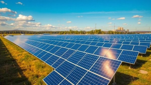 US renewable energy growth: expansive solar farm with blue panels