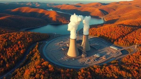 Aerial view of coal power plant in Alabama amid autumn landscape