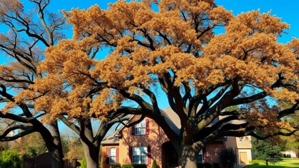 Stressed Savannah Post Oaks arching over a brick house.