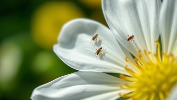 Macro image of a white flower with thrips, invasive Thrips Parvispinus detection.