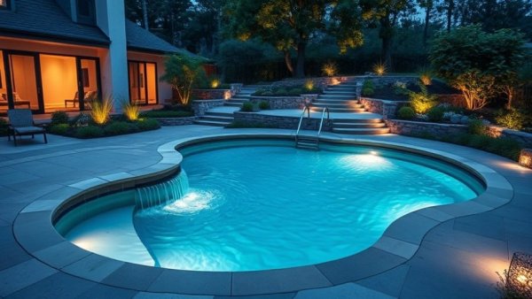 Stunning backyard pool with waterfall, elegant landscaping at dusk.