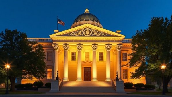 Neoclassical courthouse illuminated at dusk, climate lawsuits related.