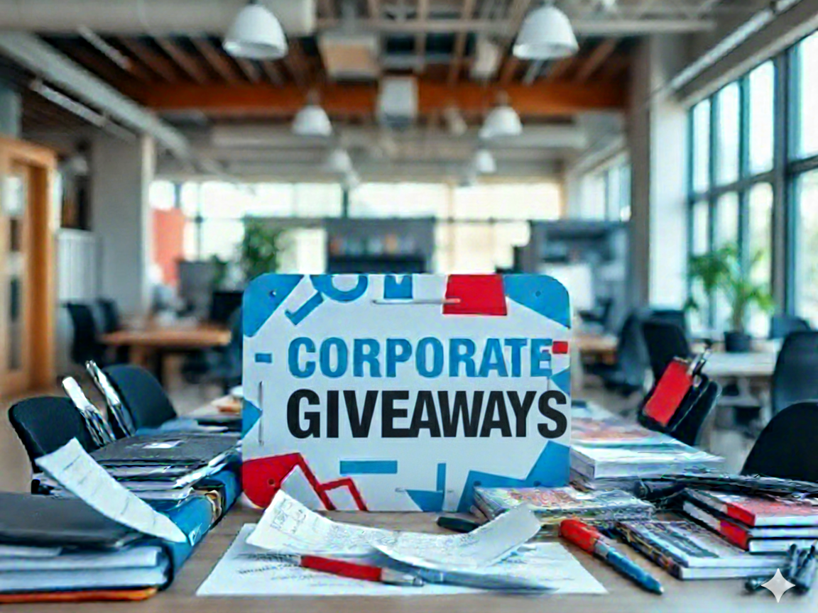customized corporate giveaways, intriguing, neatly displayed, photorealistic, surrounded by various office supplies in an open-plan workspace, highly detailed, gentle breeze moving paper notes, hyper-realistic precision, vibrant colors, soft diffused lighting, shot with an 85mm lens.