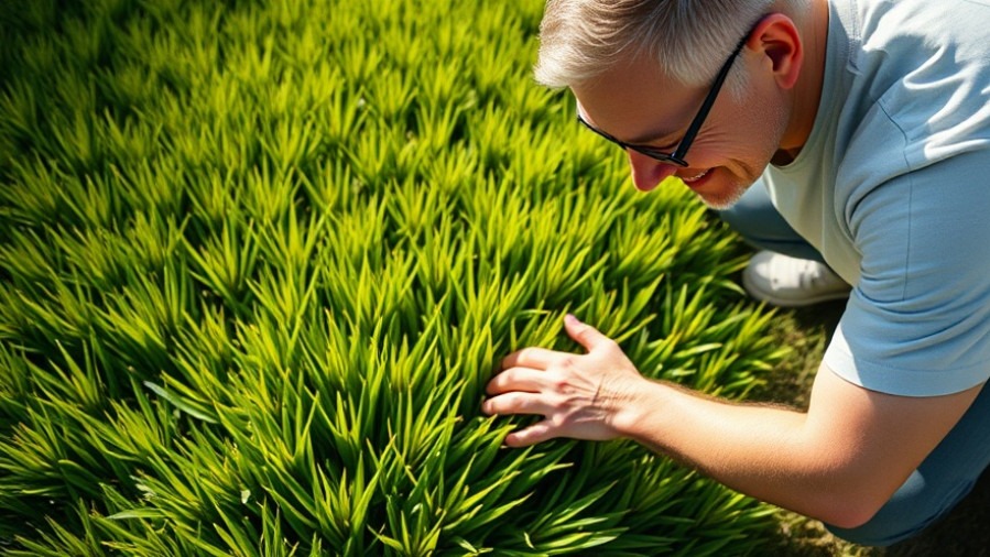 Smiling homeowner examines vibrant green lawn with eco-friendly lawn services.