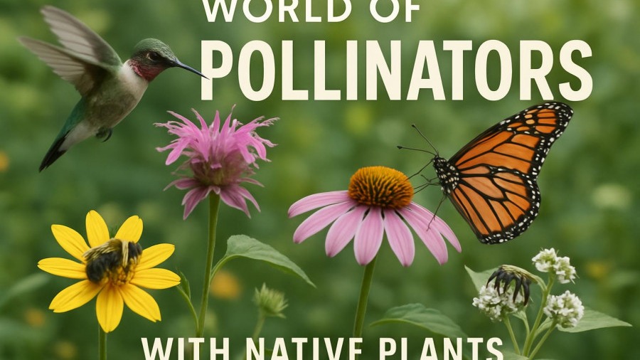 Photorealistic native plants promoting pollinator health in a lush garden.