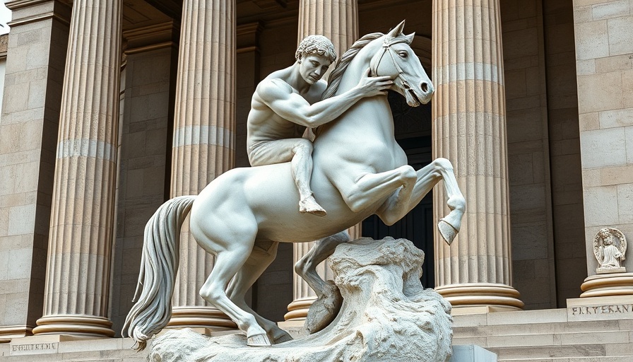 Marble statue representing struggle outside a classical building symbolizes healthcare mergers.