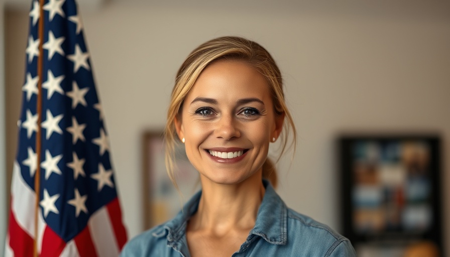 Smiling woman with American flag background, smart products updates context.