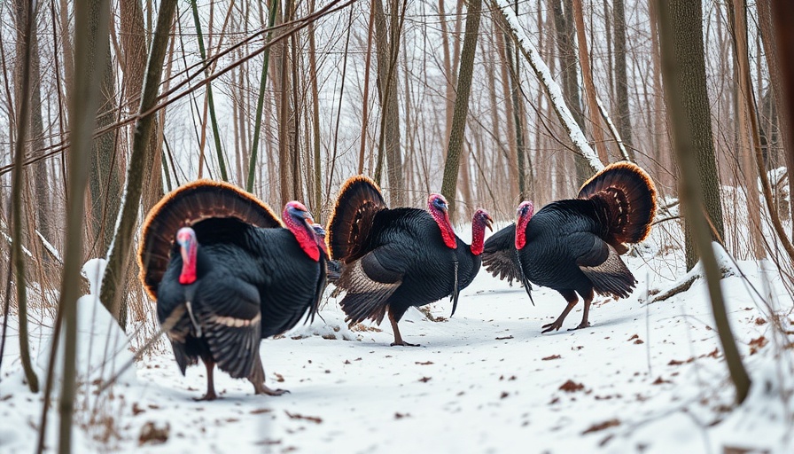 Wild turkeys in winter forest highlighting weather impact.