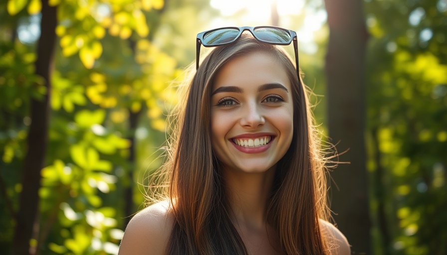 Young woman smiling outdoors with sunglasses, illustrating product quality.