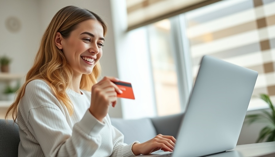 Woman shopping online with a credit card, vivid laptop screen.