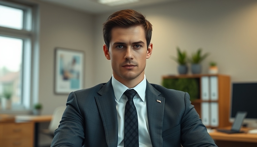 Professional young man in a suit, calm expression in office setting.