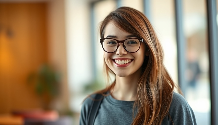 Young woman smiling indoors with glasses, natural light.