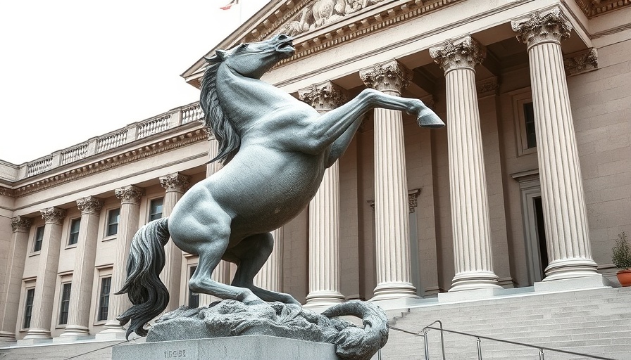 FTC building stone statue depicting man and horse struggle