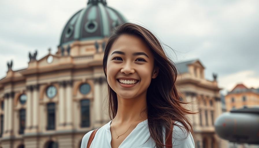 Smiling young woman in front of iconic building, business experiences theme.