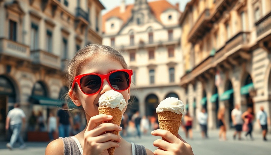 Girl enjoying ice cream in a sunlit city square