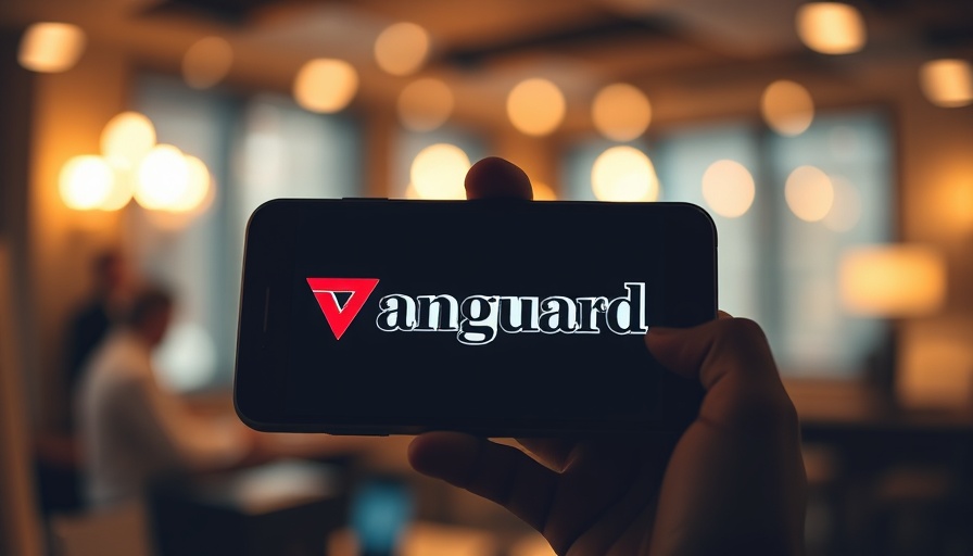 Bold Vanguard logo displayed on smartphone, blurred background.