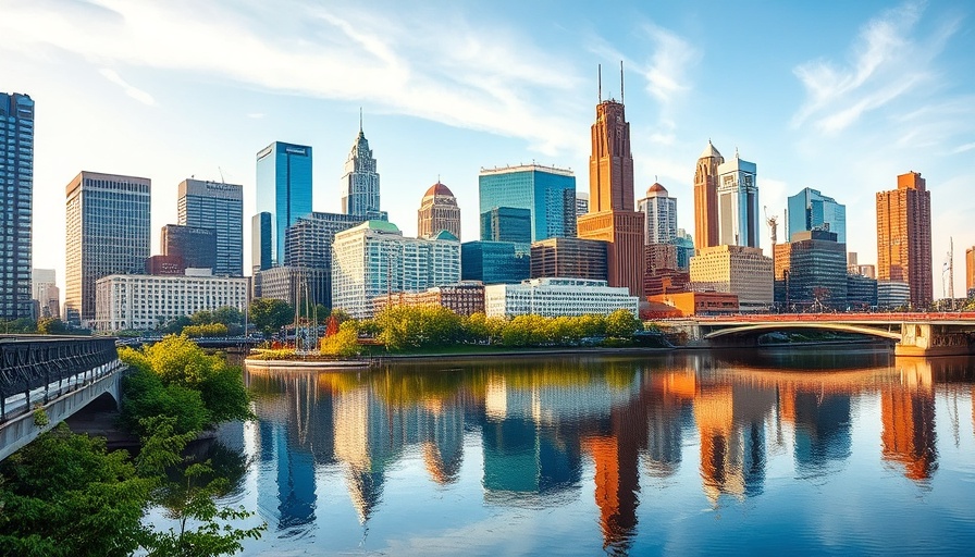 Cleveland ETA ecosystem cityscape with river reflection.