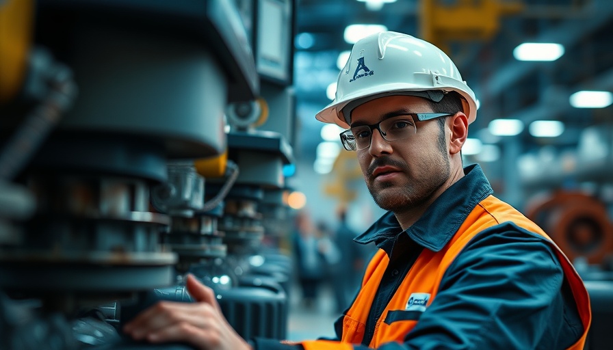 Industrial worker conducting machinery inspection in a detailed factory setting.